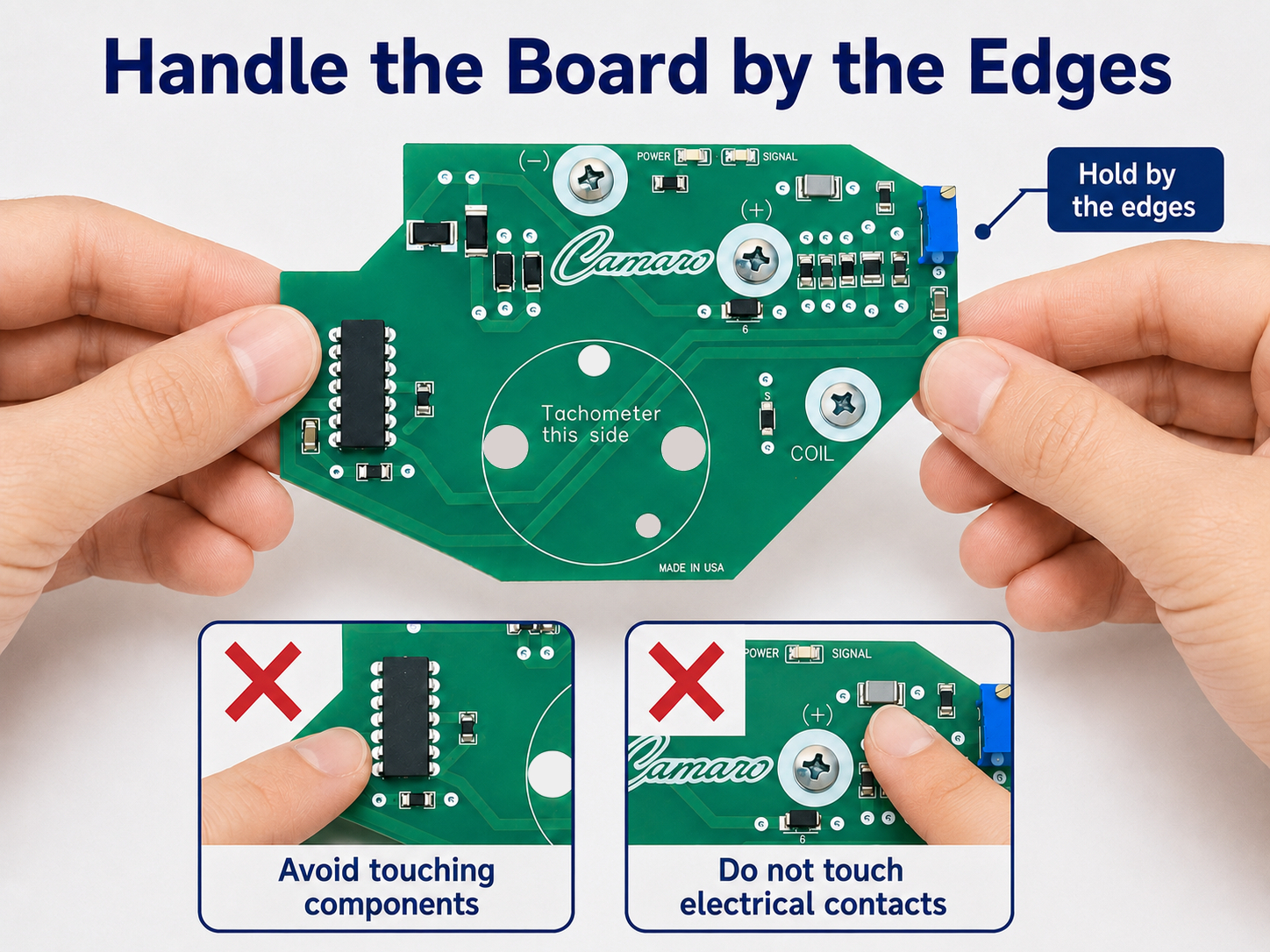 Close‑up of hands holding the circuit board by its outer edges (no fingers touching components), showing clear separation from components and contacts.