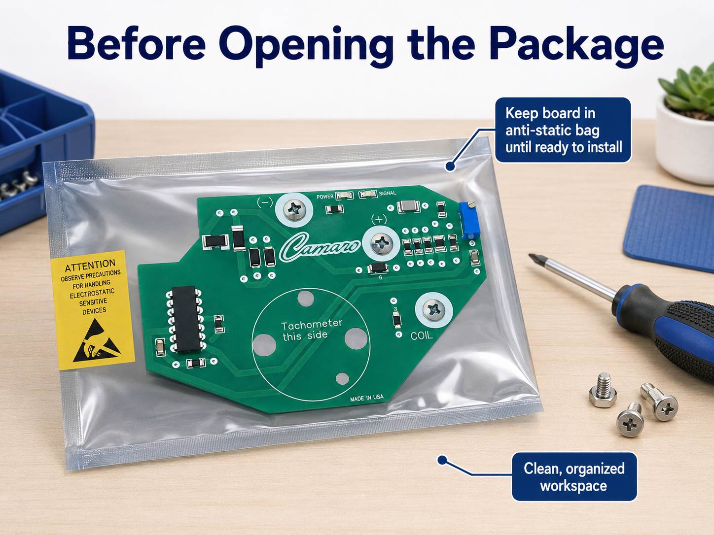 Circuit board sealed inside its original anti‑static bag, photographed flat on a neutral background so the bag and board are clearly visible.