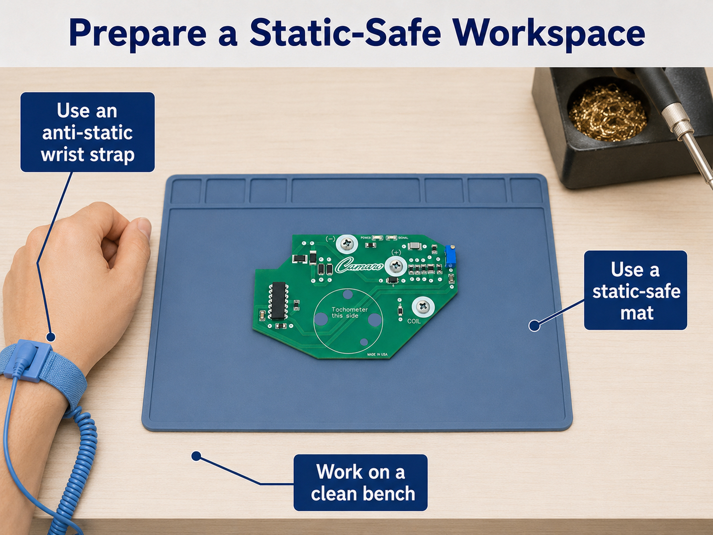 Circuit board placed on a grounded ESD mat with a visible wrist strap clipped to chassis ground; include a small ruler or hand for scale.