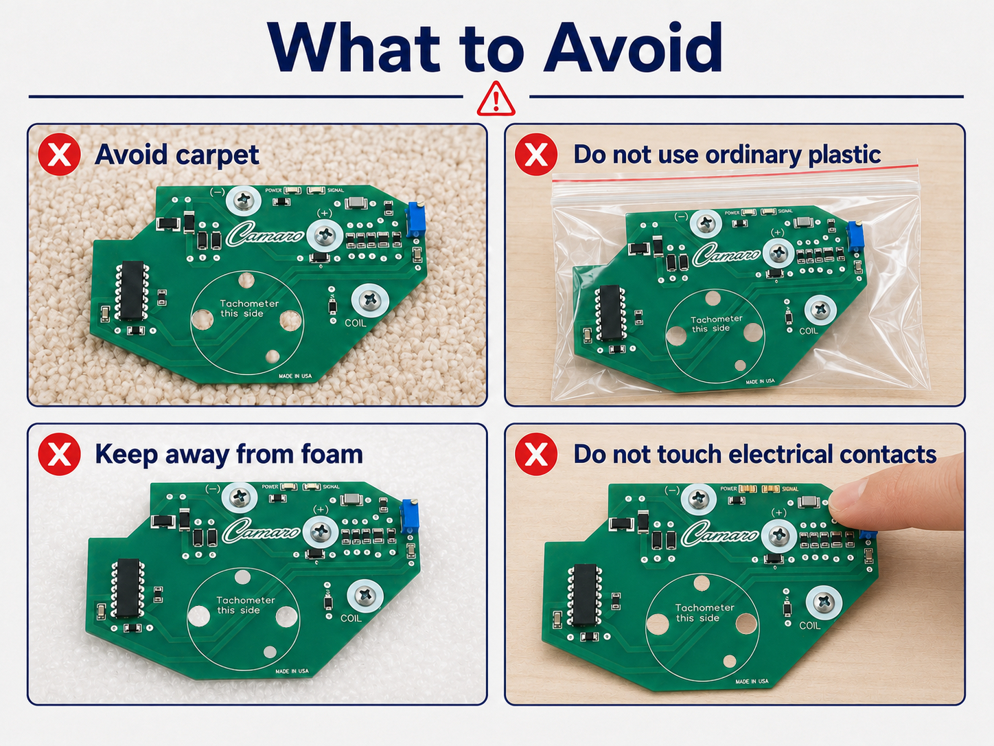 Four‑panel composite showing common mistakes: board on carpet, board on ordinary plastic, touching connector contacts, and tools stacked on the board; each panel labeled subtly.